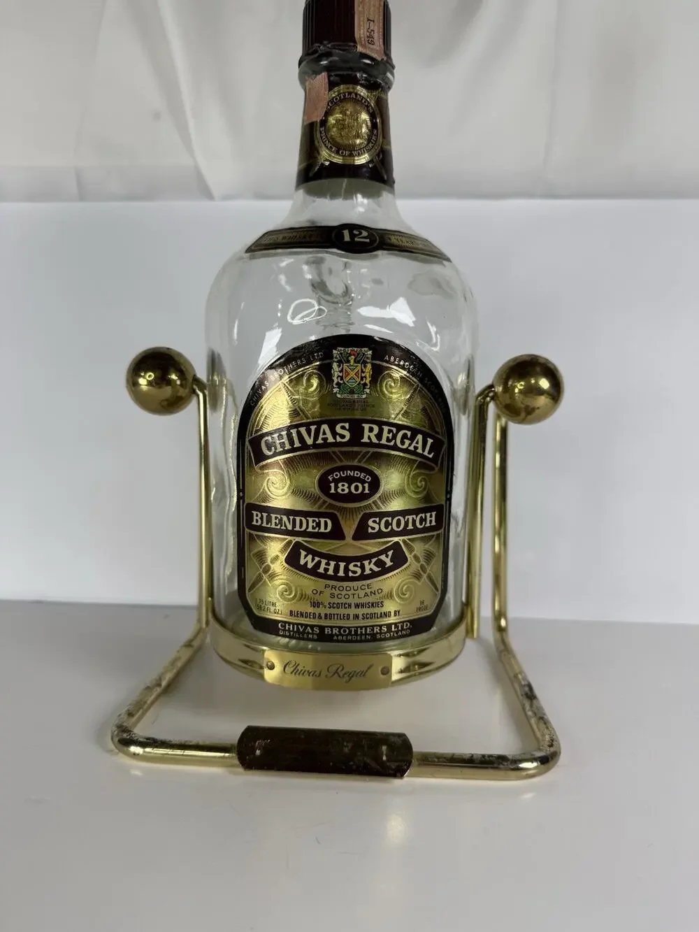Vintage Chiva Regal Whiskey Tilt & Pour Bottle With Gold Cradle Mancave Decor